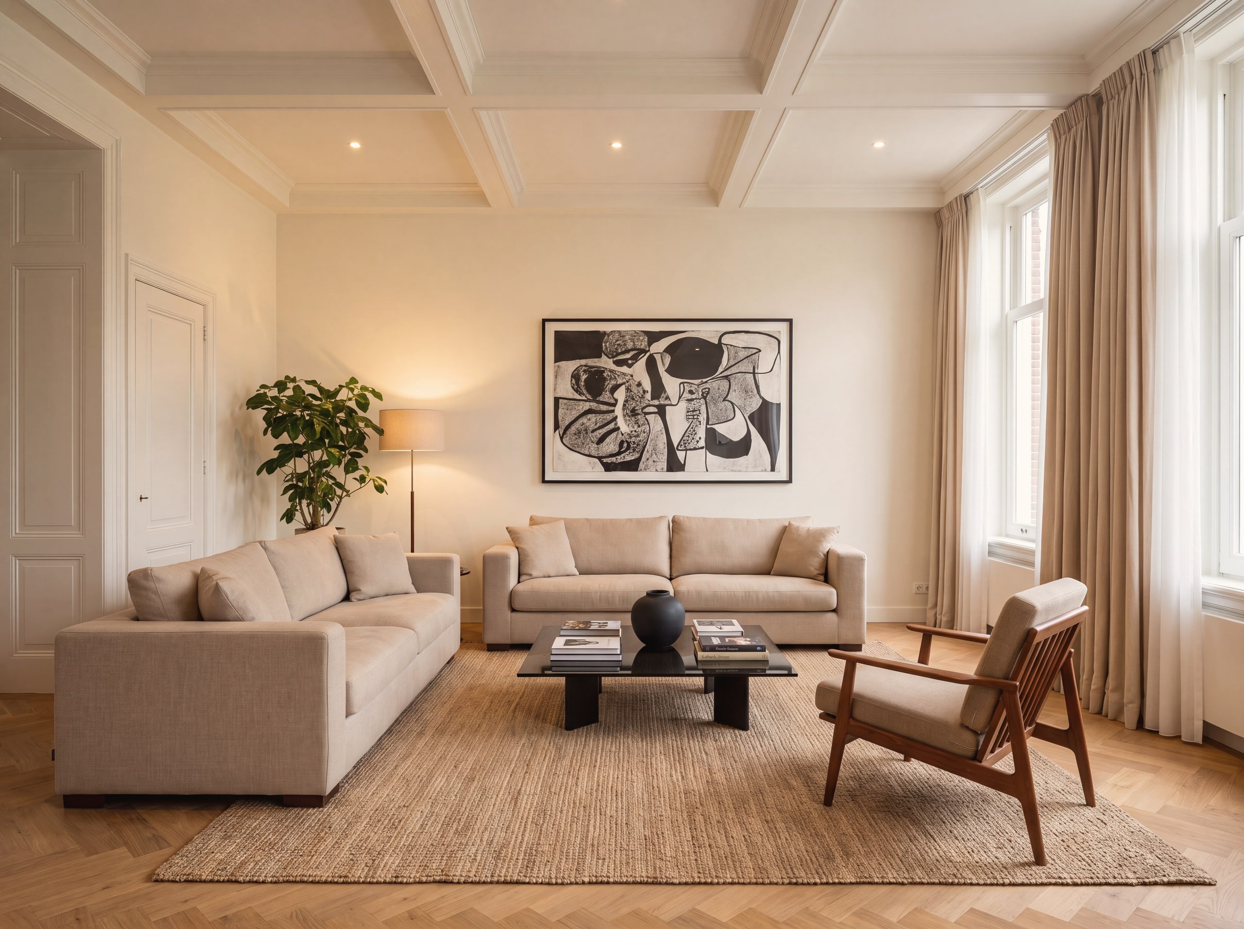 Turnkey ingerichte woonkamer met beige banken, visgraatparket en warme spots