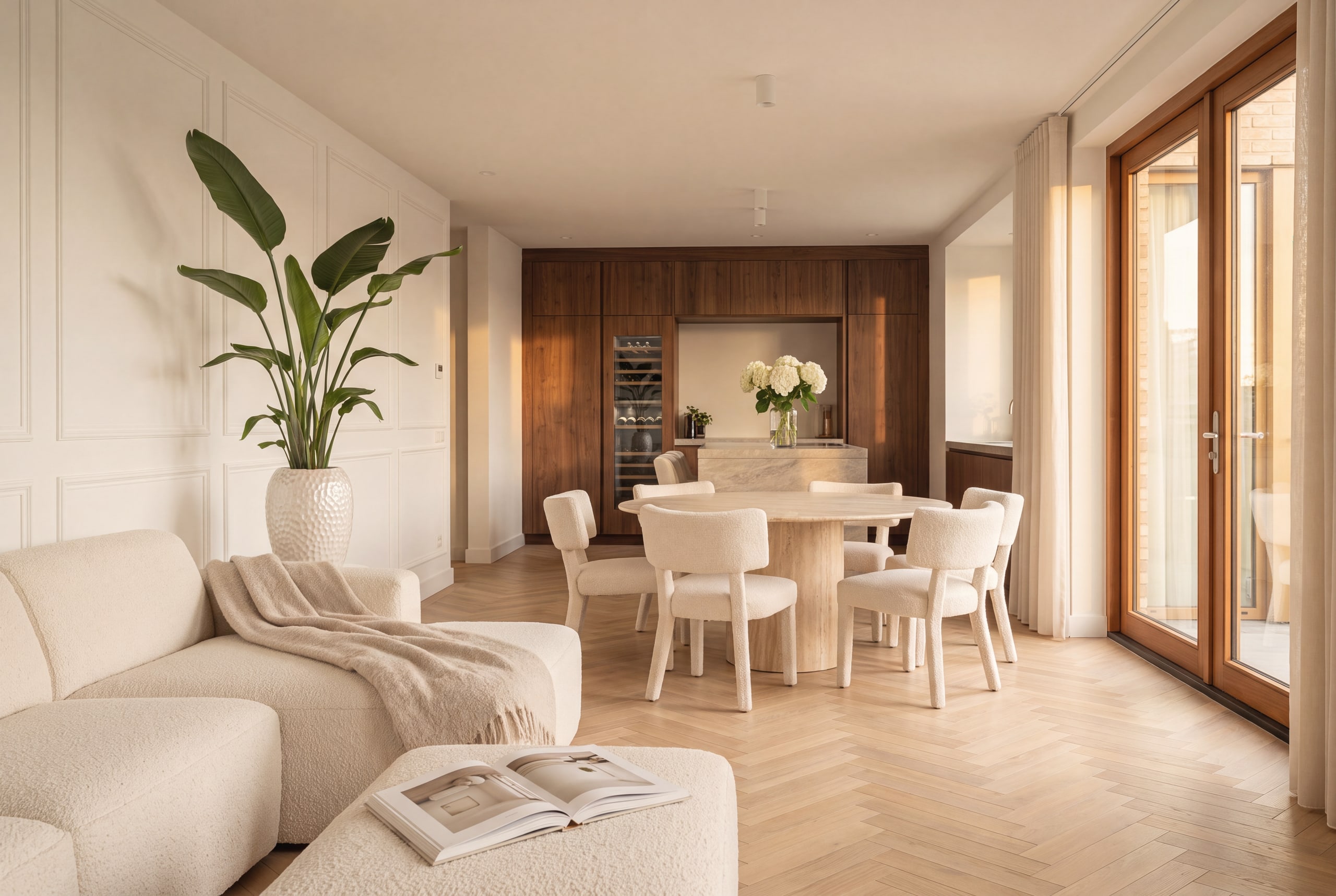Woonkamer na styling: lichte bouclébank, travertijnen eettafel en strak gestyleerde open keuken